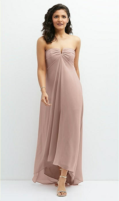 Strapless Draped Notch Neck Chiffon High-low Bridesmaid Dress In