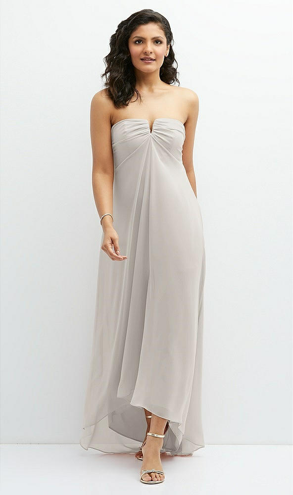 Front View - Oyster Strapless Draped Notch Neck Chiffon High-Low Dress