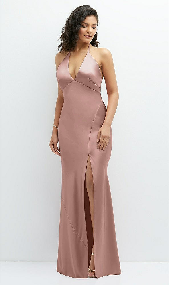 Front View - Neu Nude Plunge Halter Open-Back Maxi Bias Dress with Low Tie Back