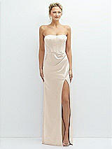 Front View Thumbnail - Oat Strapless Topstitched Corset Satin Maxi Dress with Draped Column Skirt