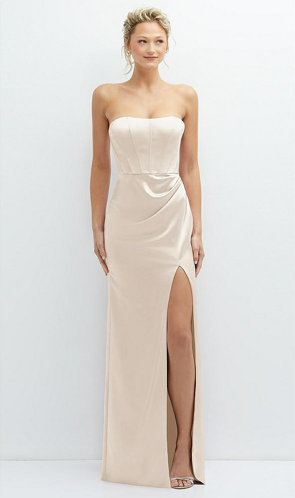 Front View - Oat Strapless Topstitched Corset Satin Maxi Dress with Draped Column Skirt
