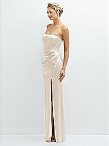 Side View Thumbnail - Oat Strapless Topstitched Corset Satin Maxi Dress with Draped Column Skirt