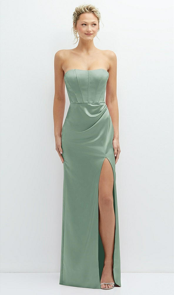 Front View - Seagrass Strapless Topstitched Corset Satin Maxi Dress with Draped Column Skirt