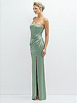 Side View Thumbnail - Seagrass Strapless Topstitched Corset Satin Maxi Dress with Draped Column Skirt