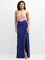 Front View Thumbnail - Cobalt Blue & Rose - PANTONE Rose Quartz Satin Mix-and-Match High Waist Seamed Bias Skirt with Slit 