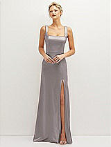 Front View Thumbnail - Cashmere Gray Square-Neck Satin A-line Maxi Dress with Front Slit