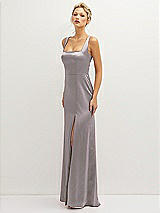 Side View Thumbnail - Cashmere Gray Square-Neck Satin A-line Maxi Dress with Front Slit