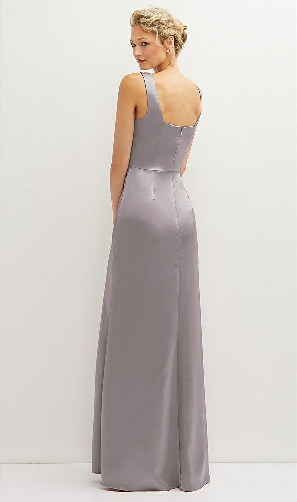 Back View - Cashmere Gray Square-Neck Satin A-line Maxi Dress with Front Slit
