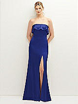 Front View Thumbnail - Cobalt Blue Soft Ruffle Cuff Strapless Trumpet Dress with Front Slit