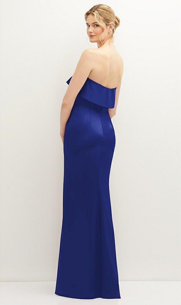 Back View - Cobalt Blue Soft Ruffle Cuff Strapless Trumpet Dress with Front Slit