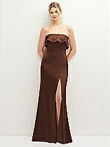Front View Thumbnail - Cognac Soft Ruffle Cuff Strapless Trumpet Dress with Front Slit