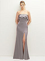 Front View Thumbnail - Cashmere Gray Soft Ruffle Cuff Strapless Trumpet Dress with Front Slit