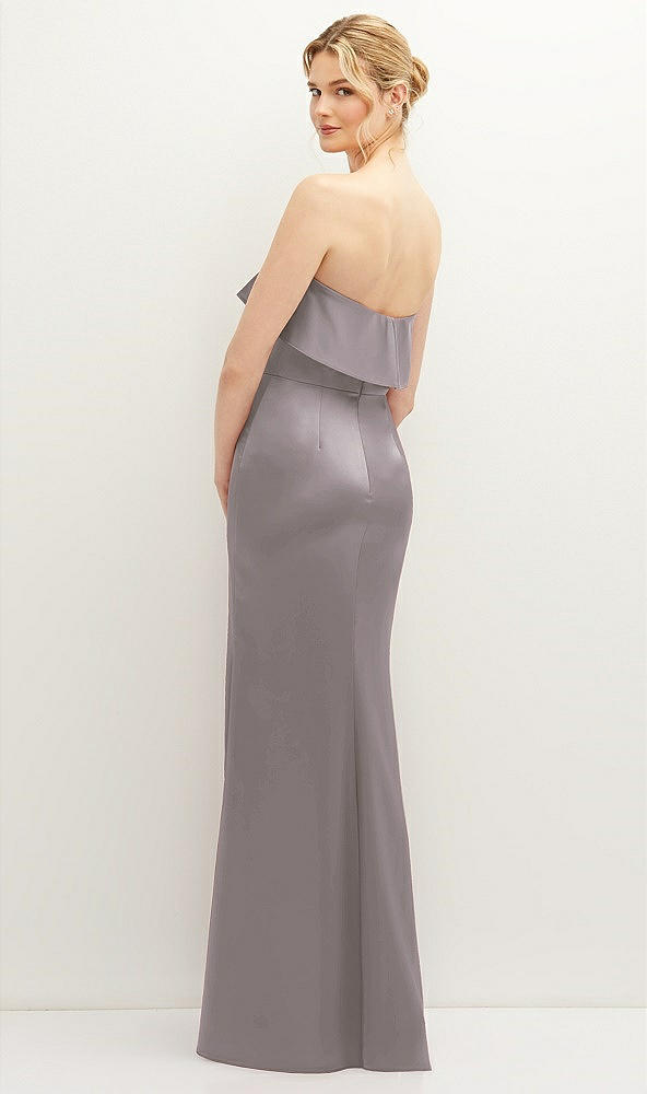 Back View - Cashmere Gray Soft Ruffle Cuff Strapless Trumpet Dress with Front Slit