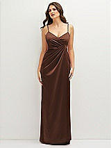 Front View Thumbnail - Cognac Asymmetrical Draped Pleat Wrap Satin Maxi Dress