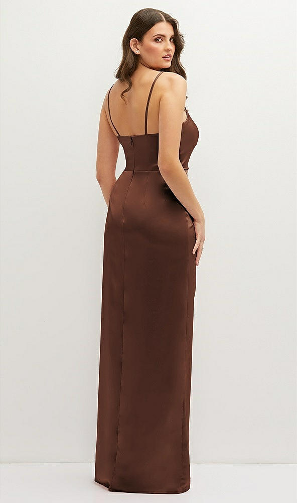 Back View - Cognac Asymmetrical Draped Pleat Wrap Satin Maxi Dress