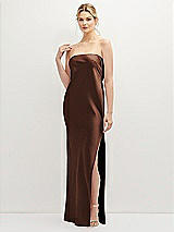 Front View Thumbnail - Cognac Strapless Pull-On Satin Column Dress with Side Seam Slit