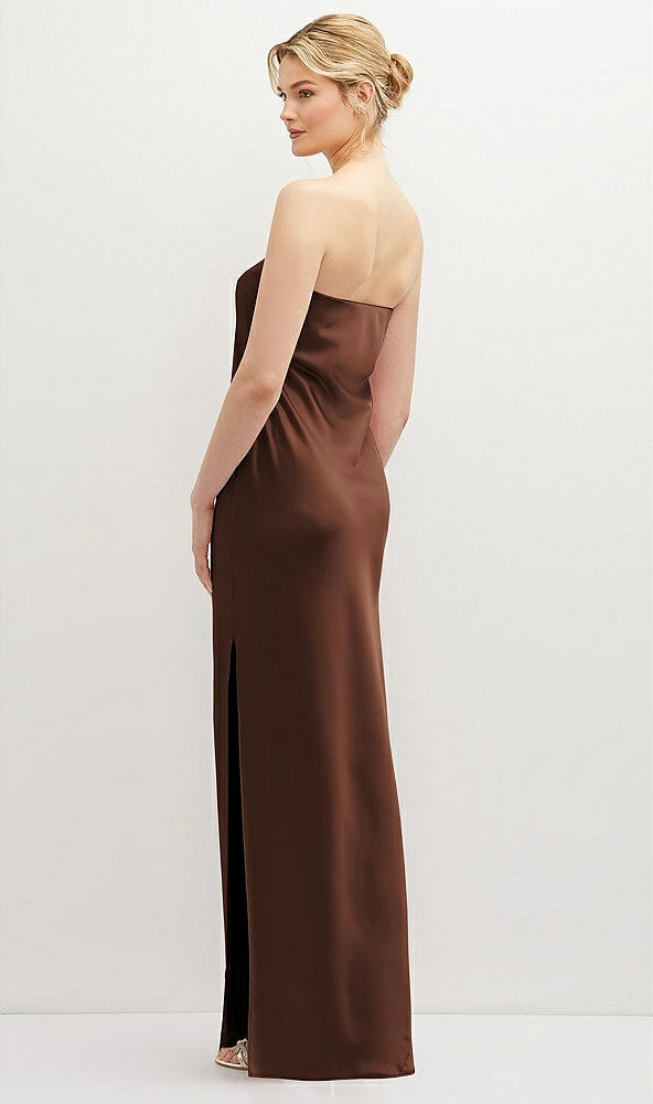 Back View - Cognac Strapless Pull-On Satin Column Dress with Side Seam Slit