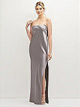 Front View Thumbnail - Cashmere Gray Strapless Pull-On Satin Column Dress with Side Seam Slit