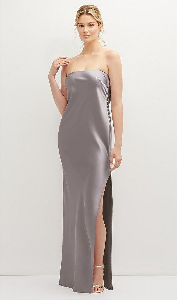 Front View - Cashmere Gray Strapless Pull-On Satin Column Dress with Side Seam Slit