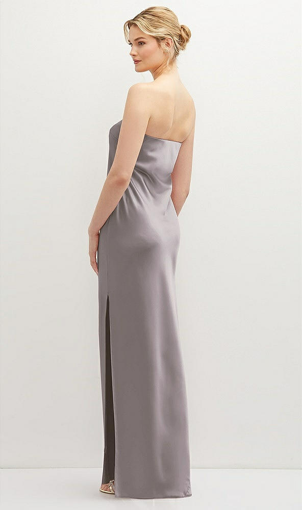Back View - Cashmere Gray Strapless Pull-On Satin Column Dress with Side Seam Slit