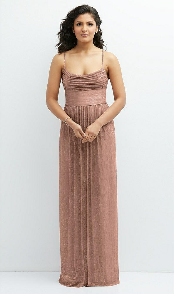 Front View - Metallic Sienna Soft Cowl Neck Metallic Pleated Maxi Dress with Convertible Tie Straps