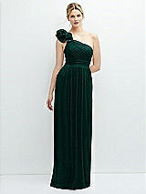 Front View Thumbnail - Metallic Evergreen Dramatic Ruffle Edge One-Shoulder Metallic Pleated Maxi Dress