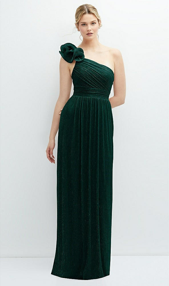 Front View - Metallic Evergreen Dramatic Ruffle Edge One-Shoulder Metallic Pleated Maxi Dress