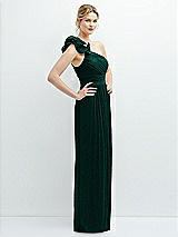 Side View Thumbnail - Metallic Evergreen Dramatic Ruffle Edge One-Shoulder Metallic Pleated Maxi Dress