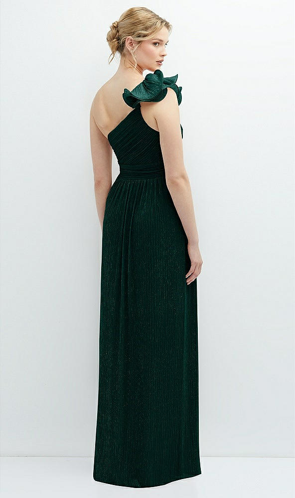 Back View - Metallic Evergreen Dramatic Ruffle Edge One-Shoulder Metallic Pleated Maxi Dress