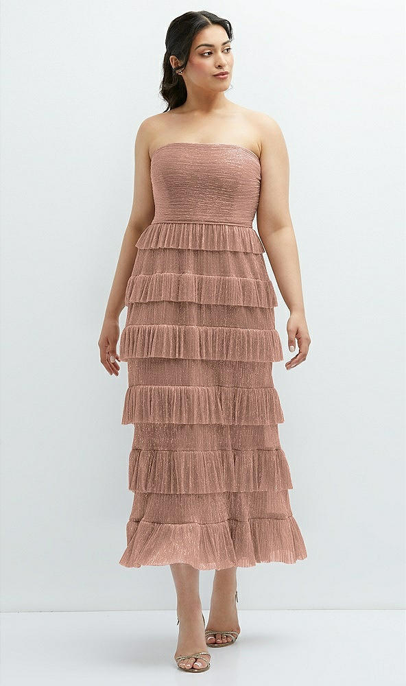 Front View - Metallic Sienna Ruffle Tiered Skirt Metallic Pleated Strapless Midi Dress