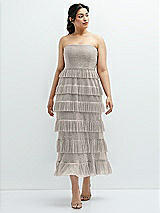 Front View Thumbnail - Metallic Taupe Ruffle Tiered Skirt Metallic Pleated Strapless Midi Dress
