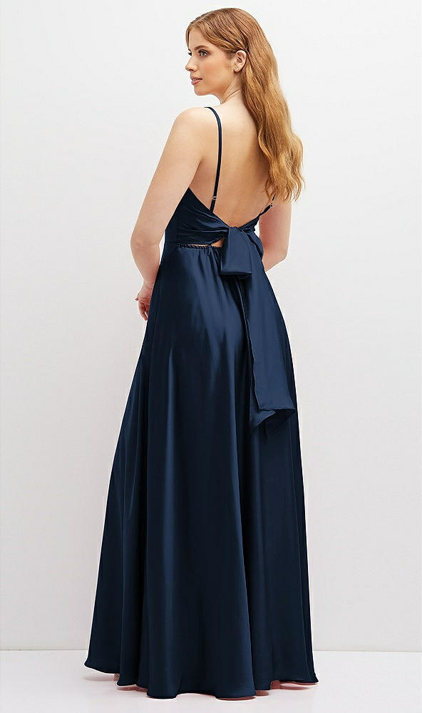Back View - Midnight Navy Adjustable Sash Tie Back Satin Maxi Dress with Full Skirt