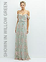Front View Thumbnail - Oat Off-the-Shoulder A-line Floral Embroidered Dress with Skinny Tie Sash