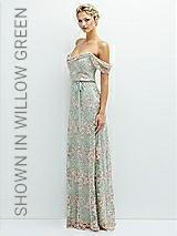 Side View Thumbnail - Oat Off-the-Shoulder A-line Floral Embroidered Dress with Skinny Tie Sash