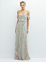 Front View Thumbnail - Willow Green Off-the-Shoulder A-line Floral Embroidered Dress with Skinny Tie Sash