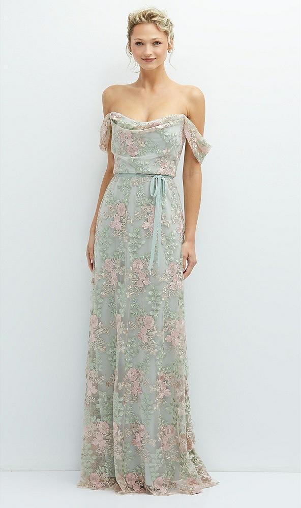 Front View - Willow Green Off-the-Shoulder A-line Floral Embroidered Dress with Skinny Tie Sash