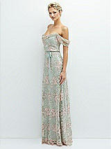 Side View Thumbnail - Willow Green Off-the-Shoulder A-line Floral Embroidered Dress with Skinny Tie Sash