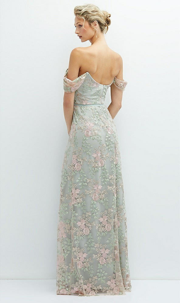 Back View - Willow Green Off-the-Shoulder A-line Floral Embroidered Dress with Skinny Tie Sash
