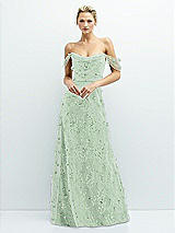 Front View Thumbnail - Celadon Off-the-Shoulder A-line 3D Floral Embroidered Dress
