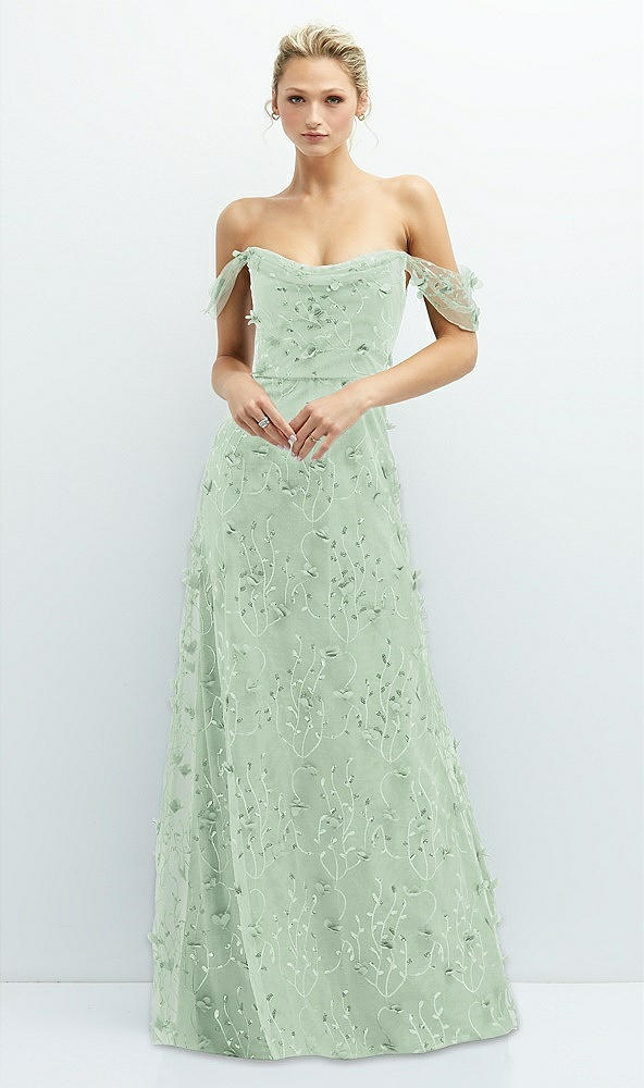 Front View - Celadon Off-the-Shoulder A-line 3D Floral Embroidered Dress