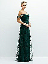 Side View Thumbnail - Evergreen Off-the-Shoulder A-line 3D Floral Embroidered Dress