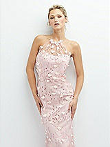 Alt View 1 Thumbnail - Rose - PANTONE Rose Quartz Sheer Halter Neck 3D Floral Embroidered Dress with High-Low Hem
