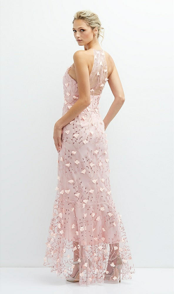 Back View - Rose - PANTONE Rose Quartz Sheer Halter Neck 3D Floral Embroidered Dress with High-Low Hem
