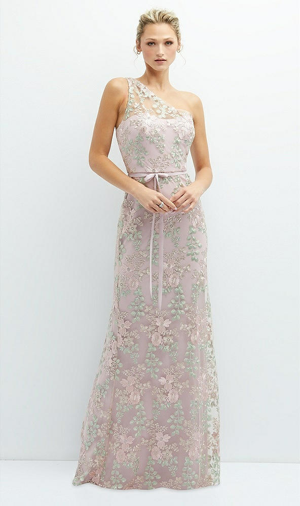 Front View - Suede Rose One-Shoulder Fit and Flare Floral Embroidered Dress with Skinny Tie Sash
