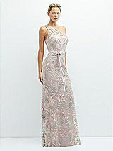 Side View Thumbnail - Suede Rose One-Shoulder Fit and Flare Floral Embroidered Dress with Skinny Tie Sash