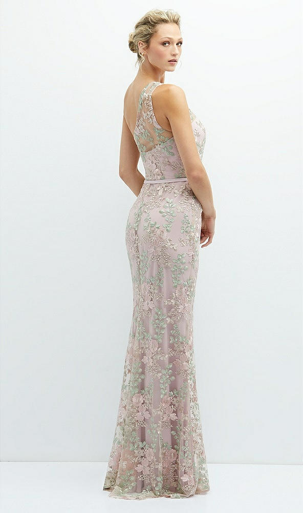 Back View - Suede Rose One-Shoulder Fit and Flare Floral Embroidered Dress with Skinny Tie Sash