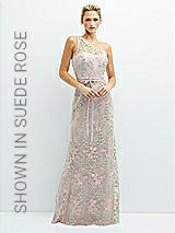 Front View Thumbnail - Cashmere Gray One-Shoulder Fit and Flare Floral Embroidered Dress with Skinny Tie Sash