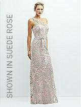Side View Thumbnail - Cashmere Gray One-Shoulder Fit and Flare Floral Embroidered Dress with Skinny Tie Sash