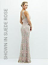 Alt View 1 Thumbnail - Oat One-Shoulder Fit and Flare Floral Embroidered Dress with Skinny Tie Sash