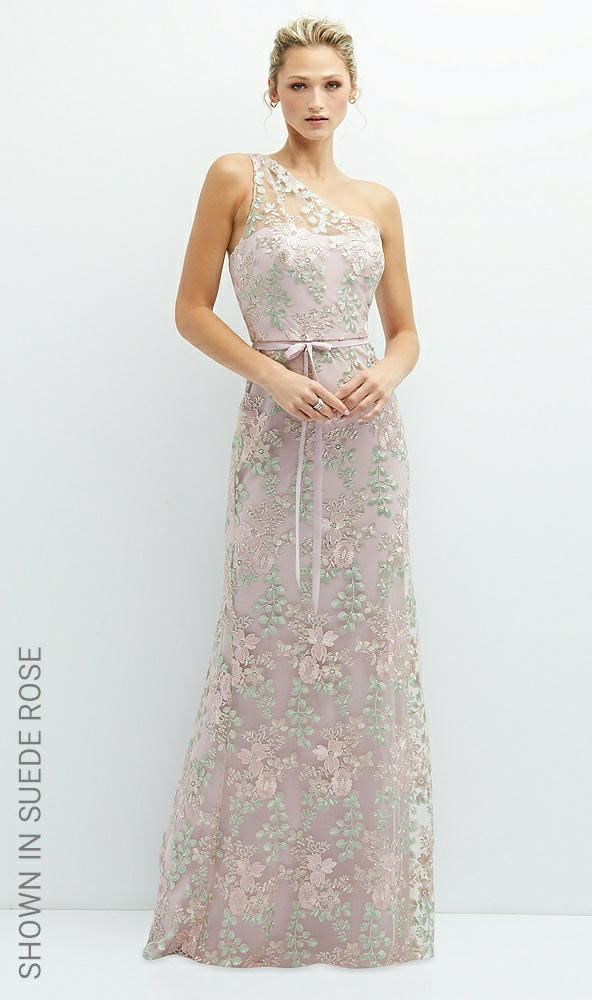 Front View - Oat One-Shoulder Fit and Flare Floral Embroidered Dress with Skinny Tie Sash